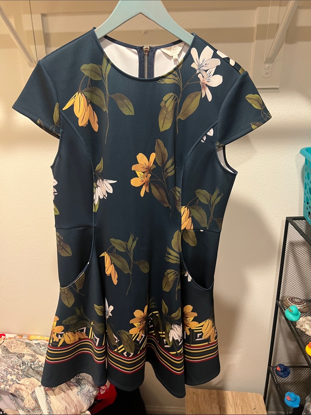 Ted Baker Teal Floral Fit-and-Flare Dress with Yellow & White Blooms